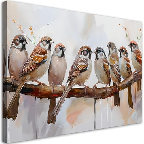 Feeby Leinwandbilder - Deko Bilder - Vögel auf einem Zweig Braun - Canvas 120x80 cm XXL 1tlg- Wandbilder Schlafzimmer - Aesthetic Room Decor - Modern Wanddeko - Bild auf Leinwand - Fertig Gespannd