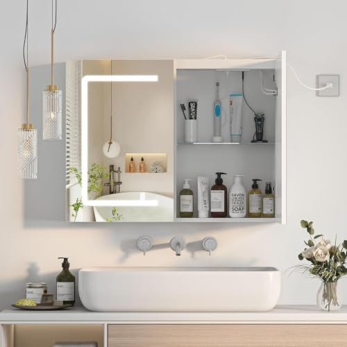 Mepplzian Spiegelschrank Bad 80cm mit Beleuchtung & Steckdose, Doppeltür | USB-Anschluss, Rasiersteckdose, Badezimmer Spiegelschrank mit Beleuchtung, 3 Farben LED, 80Bx13Tx60H cm, Weiß