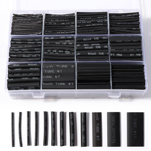 Vinabo 900 Pièces Gaines Thermorétractables Noires, Tubes Thermorétractables pour Isolation Électrique, Protection de Câbles, 12 Tailles - Ratio de Rétraction 2:1