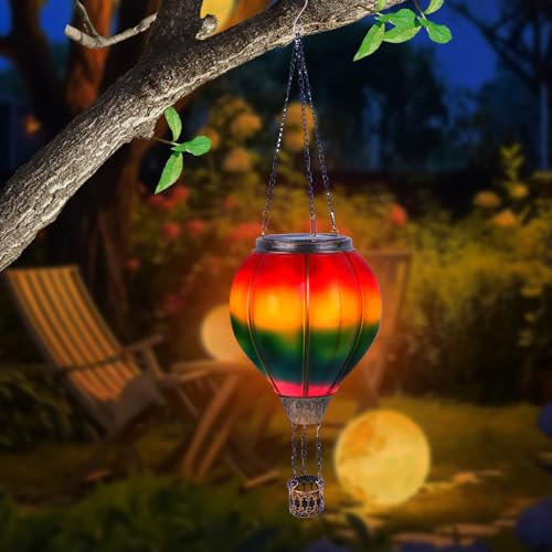 Rppiup LED Solar Laterne Heißluftballon Windlicht, Heißluftballon Solarleuchten, Gartendeko für draußen, Hängende Solarlaterne für außen, Dekorativer Flammeneffekt, Regenbogen Ballon Solarleuchte