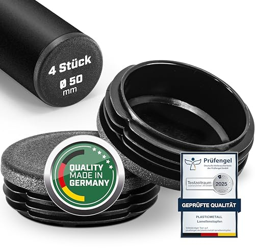 plasticmetall® Lamellenstopfen rund Ø 50 mm für Rundrohr [4 STK] I Rohrstopfen aus PE - Ideal für Aluprofil, Gartenmöbel, Stuhlbeine & Mehr I Runde Verschlussstopfen mit FUNKENEROSION-Struktur