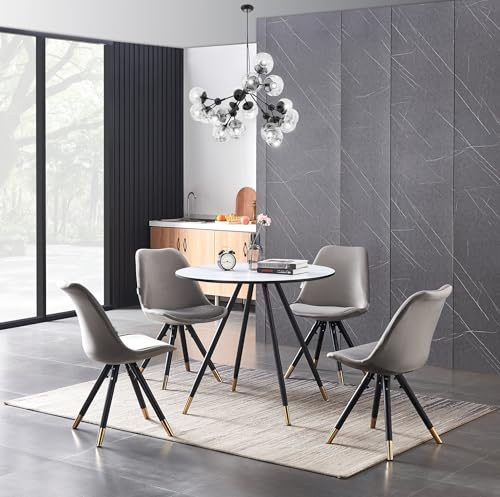 P&N Homewares Sofia Dorchester LUX Round Dining Table Set – Marble Effect Top, 4 Velvet Chairs – Scandinavian Style, Black Metal Legs with Gold Tips – Kitchen Dining Room Furniture