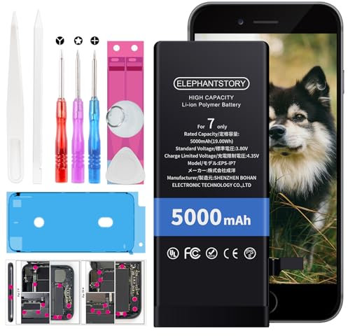 Elephantstory Batteria per iPhone 7, 5000 mAh Alta Capacità 0 Cicli Batteria ai Polimero agli ioni di litio per Modello A1660 A1778 A1779 con Kit di Strumenti di Riparazione e Guida
