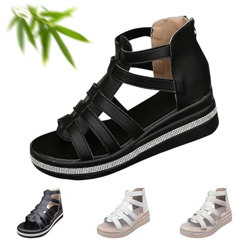 POIOZXD Sandales de gladiateur pour femme, sandales compensées à strass à bout ouvert, sandales orthopédiques d'été pour femme avec soutien de la voûte plantaire, fermeture éclair dans le dos