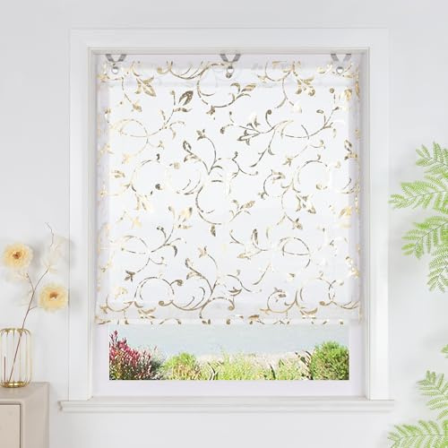 SCHOAL Raffrollo ohne Bohren Glänzende Gardine Transparent Ösenrollo Raffgardine mit Ösen 1 Stück BxH 100x130 cm Gold