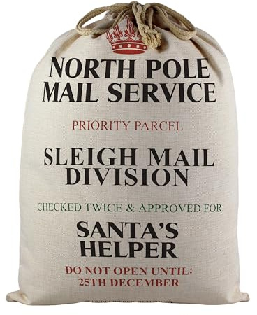 Extra Large Christmas Santa Sack - Reusable Fabric Stocking Gift Bag with Drawstrings for Xmas Presents - North Pole Sleigh Mail