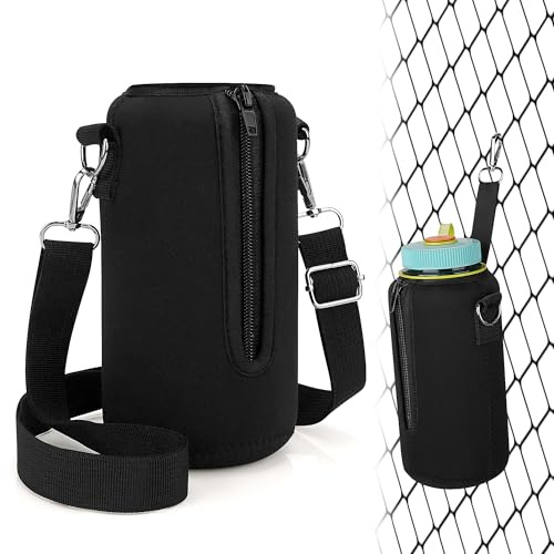 Linkidea Water Bottle Carrier with Strap Compatible with Nalgene Sustain Wide Mouth 32oz, Neoprene Waterbottle Sling Bag Holder with Clip for Backpack Fence, Black
