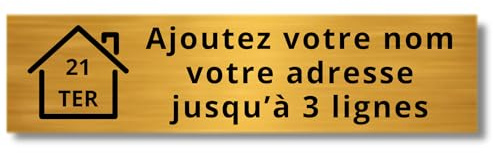 Plaque Boîte aux Lettres Personnalisée Adhésive - Nom Gravé PVC Résistant - 10x2.5cm Gris Alu Métallisé - 1 à 3 Lignes pour Maison Numéro Rue (Or brossé/noir)