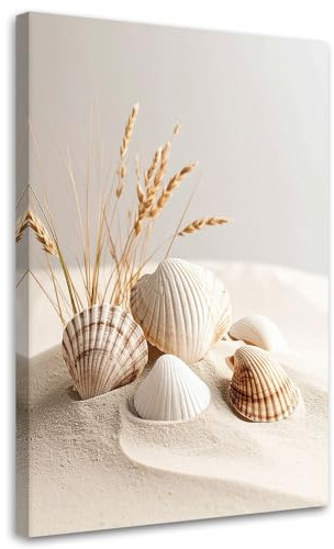 Feeby Leinwandbild - Bilder Wohnzimmer - Muscheln Pflanzen Natur Boho - 40x60 1tlg - Deko Schlafzimmer - Wanddekoration - Aesthetic - Groß Moderne Bild - Foto auf Leinwand