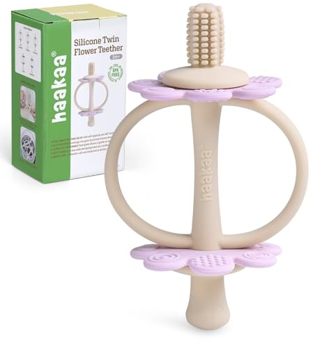 haakaa Baby Bitring i Silikon, 2-i-1 Bitleksak med Nappformad Ände och 360° Borsthuvud, Tandköttsmassage, Lätt att Greppa, Lavendel