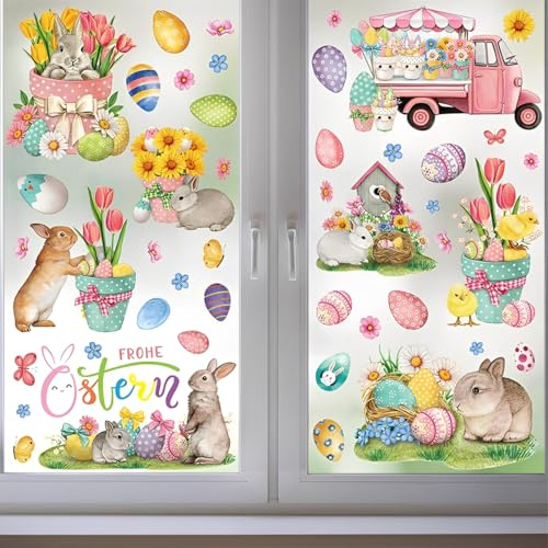 NOPVUFA 9 Fogli Adesivi Pasquali Autoadesivi per Vetri e Porte Alta qualità Decorazione Pasquale con Uova di Pasqua Corona e Coniglio di Pasqua Duraturi e Colorati Addobbi per Casa