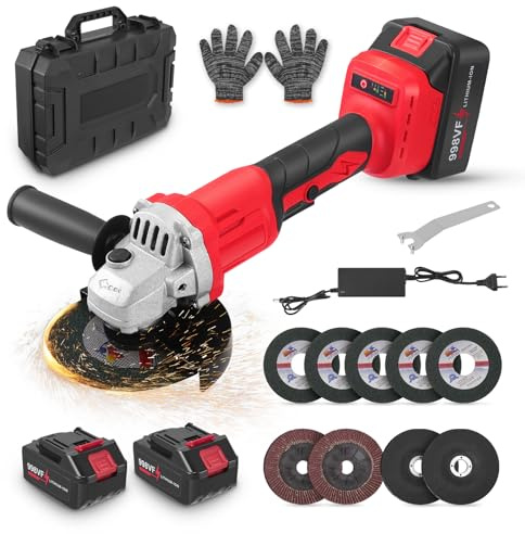 Akku Winkelschleifer 125 mm,900W Bürstenloser Motor,3 Drehzahlstufen,Flex Winkelschleifer mit 2x3.0Ah Akku,2xSchleifscheiben,2xFächerscheiben,5xMetalltrennscheiben für Trennen,Schleifen,Bürsten