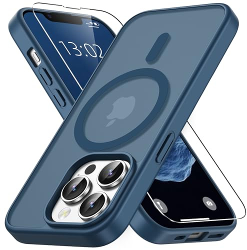 Vansdon Magnétique Coque pour iPhone 13 Pro avec 1 Verre Trempé | Bleu Foncé, Compatible avec MagSafe, Protection Contre Les Chutes de qualité Militaire, Coque Mat Translucide Fine Antichoc
