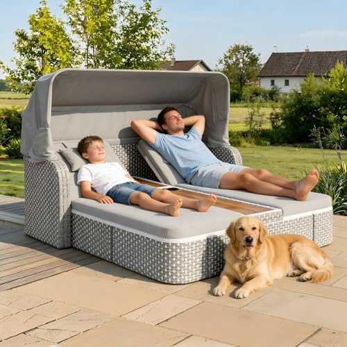 Su & Chan Legence Sonnenliege mit Dach für 2 Personen, Gartenliege mit Auflage und Verstellbarer Rückenlehne, Polyrattan Doppelliege, wetterfestes Sonnenbett, Grau