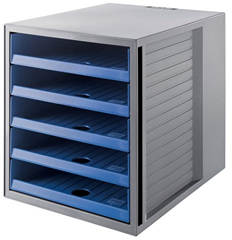HAN Schubladenbox Schrank Set Karma mind. 80 Prozent Recycling-Kunststoff mit 5 offenen Schubladen für Unterlagen, Schreibtisch, inkl. Auszugsperre, Gummifüße, 14018-16, Lichtgrau/Blau
