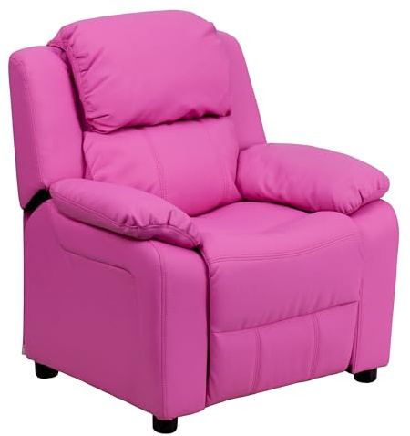 Flash Furniture Charlie Vinyl Kids Recliner with Flip-Up Storage Arms and Safety Recline, Contemporary Reclining Chair for Kids, Supports up to 90 lbs., Hot Pink