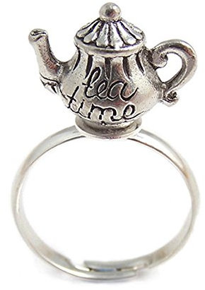 LunarraStar Women Silver Plated Tea Pot Ring Alice in Wonderland Tea Time Adjustable