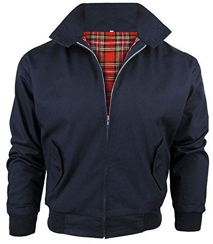 Army And Workwear Harrington Blouson de style aviateur classique pour hommes, avec doublure tartan et fermeture éclair, bleu marine, M