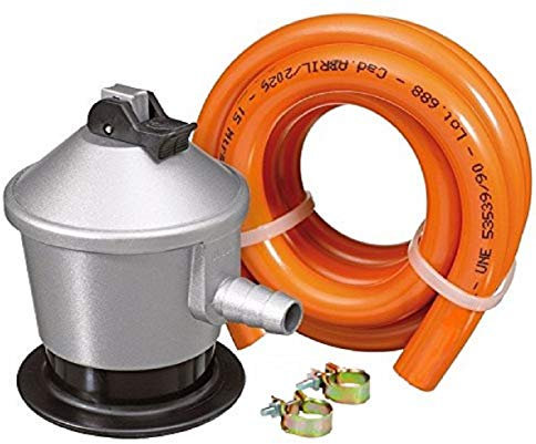 S&M 323300 Butane/Propane Gas Regulator Kit with Safety Valve + Rubber Tube 1.5 m + 2 Clamps, PAI (Polyamide_Imide), PE (polyethylene), PS (polystyrene), Grey/Orange, Estándar