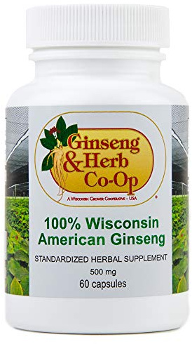 100% Pure Wisconsin American Ginseng Capsules - 500mg. Authentic Panax Quinquefolius. Potent Ground Ginseng Root - No Fillers, Binders or Other Additives.