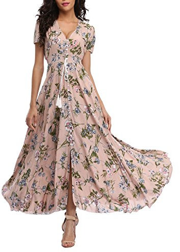 VOGMATE Femme Robe Chic Longue Col V à Fleur Manches Courtes en Coton Robe Maxi de Plage D'été Casual (S-2XL)