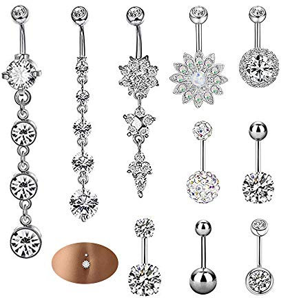 10 Stück Anhänger – Chirurgenstahl aus Edelstahl, Piercing Dangly Belly Button Bars, Silber aus Edelstahl, umgekehrte Bauchnabelknöpfe, Schmuck-Set für Bauchpiercing, Edelstahl, Edelstahl