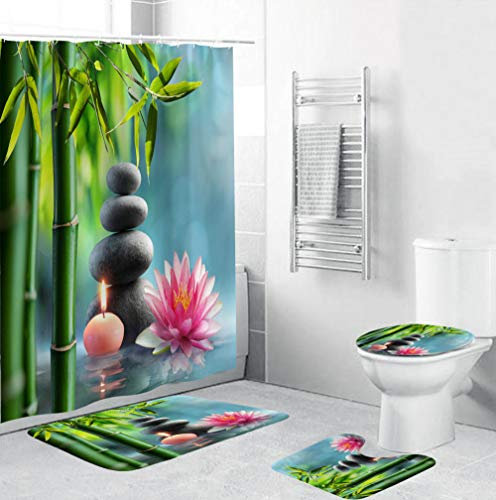 EZEZWSNBB 4 Pcs Ensemble Rideau de Douche Salle de Bain Bambou Vert et Zen Rideau de Douche + Tapis Contour WC +Tapis de Bain Antidérapant+ Couvre Couverture de Toilette Siège