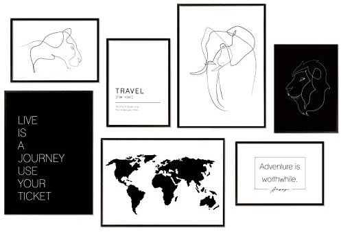 Hyggelig Home Premium Poster Set - 7 harmonische Line Art Bilder - Tiere schwarz weiß Strichzeichnung Deko für Wohnzimmer Flur Schlafzimmer - ohne Rahmen