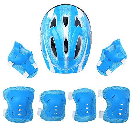 Freebily 7 Stück Kinder Schützer Set Protektoren Schützer inliner Einstellbar Schutzausrüstung Kinder Helm Ellbogenschützer Set für Skateboard Radfahren Roller Skating Radfahren Hellblau One Size