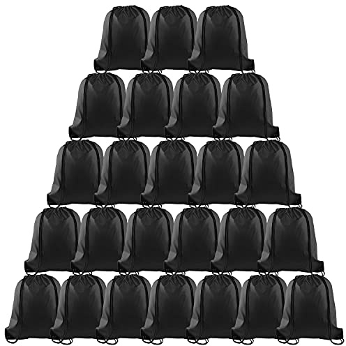 PLULON 25 Pcs Black Drawstring Backpack Bags Bulk String Backpack Cinch Sack Pull Sport Gym Backpack Bags for Yoga Traveling Outdoor Sports