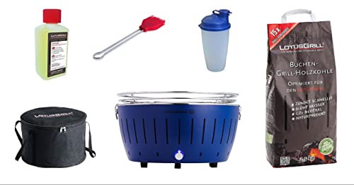 LotusGrill XL Starter-Set 1x XL Grill, 1x Buchenholzkohle 2,5 kg, 1x Brennpaste 200ml, 1x Marinierpinsel Mandarinenorange, 1x Dressingshaker, 1x Transport-Tasche XL (Tiefblau)