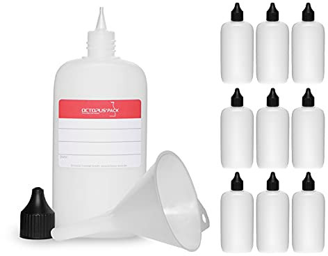 Octopus 10 bottiglie ovali in HDPE, naturali, filo RD18, con coperchio nero, 14g, volume 100 ml