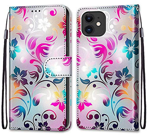 Mo-Somnus Kompatibel mit iPhone 12 / iPhone 12 Pro Hülle (6,1 Zoll), Leder Handyhülle mit Kartenfach PU Ledertasche TPU Bumper Flip Brieftasche Magnetische Schutzhülle Case Etui (Blume 1)