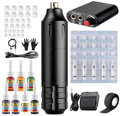 Solong Tattoo Maschine Set, Professionelles Tattoo Pen Gun Komplettes mit 30pcs Cartridge Nadeln 7 Tinten für Tattoo Anfänger und Künstler