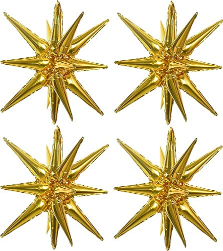 Toniful 4 Pcs 22inch 4D Gold Starburst Kegel Mylar Ballons 14Point Star Ballons Explosion Star Folie Ballons für Party Supplies Hintergrund Weihnachten, Neujahr, Geburtstag, Hochzeit, Fotokabine