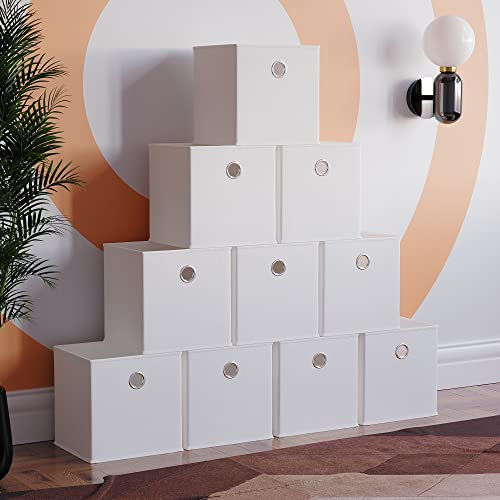 Vida Designs Durham Foldable Storage Cube Baskets Fabric Box With Metal Easy Access Handle Home Organiser (10 Pack, White)