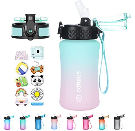 GOPPUS 350ml/12oz Bouteilles d'eau pour Enfants avec Paille Sans BPA pour L'école Tritan Fille Garçon Bouteille d'eau de Sport Réutilisable pour Tout-petit avec Marquage de l'heure Avec 2 Couvercles