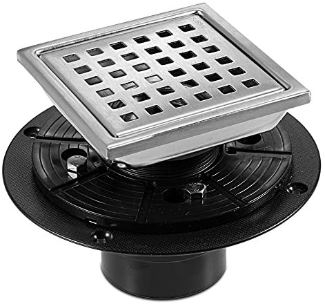 6 Inch Square Shower Floor Drain, Stainless Steel Flange with Removable Grid Cover Hair Strainer, Brushed Nickel