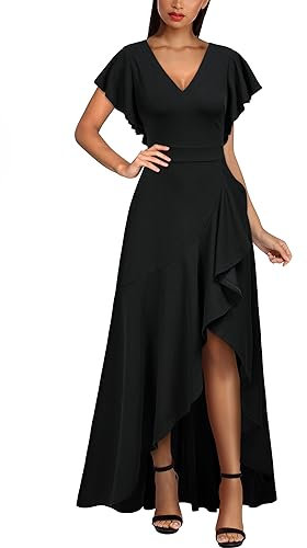 MIUSOL Women's Elegant V-Neck Ruffle Short Flutter Sleeves Empire Waist Split Evening Party Long Dress (XX-Large, Black)