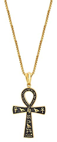JewelryWe Schmuck Retro Halskette Herren Ägyptische Hieroglyphen Ankh Kreuz Edelstahl Anhänger mit 22 Zoll Kette Weizenkette Gold