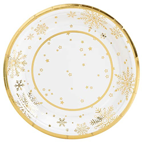 8 Unidades - Platos Desechables Postre Cartón de Ø 18 cm con Temática Navideña y Diseño de Copo de Nieve oro. Platos Biodegradables Navidad, 100% Reciclables. Perfectos Celebraciones y Eventos.