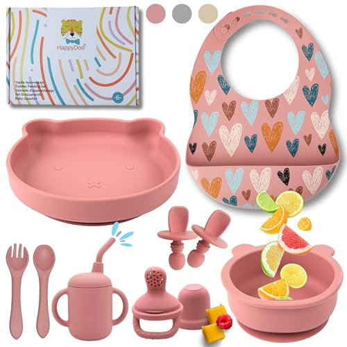 HappyDoo | Vajilla Bebé de Silicona | Set 12 Piezas | Crea Momentos Especiales en Cada Comida | Antideslizante, Seguro y Suave | Libre de BPA, Ideal para Bebés desde 6 Meses | En Caja para Regalar