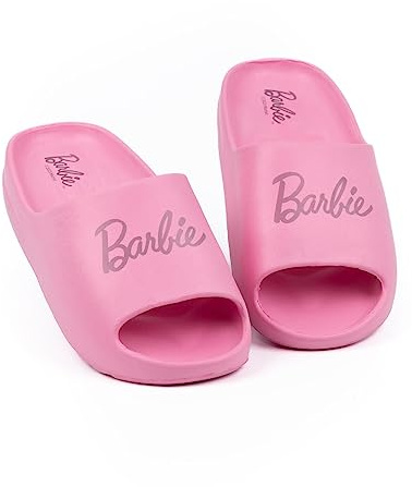 Barbie Girls Sliders | Pink Moulded Ridge Bottom Sandals For Kids & Teens | Fashion Doll Classic Logo Beachwear & Summer Pool Shoes | Slip-on Footwear Movie Merchandise Gift for Children