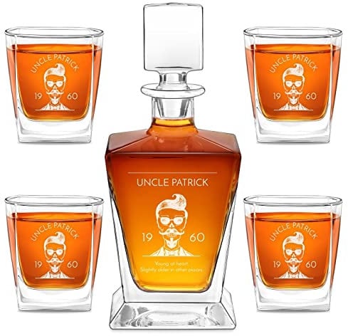 Maverton Carafe and 4/6 Glasses for Man - Elegant Decanter and Glasses with Engraving for him - Geometric Whiskey Set - Personalised Barware for Birthday - Engraved Glassware - Moustache