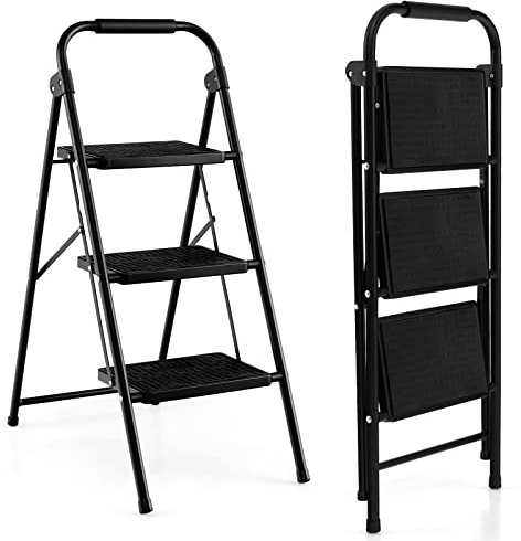 COSTWAY Escalera Plegable de 3 Peldaños, Taburete Plegable con Manija Acolchada y Escalones Antideslizantes, Escalera de Metal Portátil, para Cocina, Hogar, Almacén