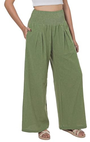 Lofbaz Damen Sommer Fließend Baumwolle Leinen Palazzo Weite Hosen Strand Hohe Taille Hose Boho Lange Loungehose mit Taschen Salbeigrün L