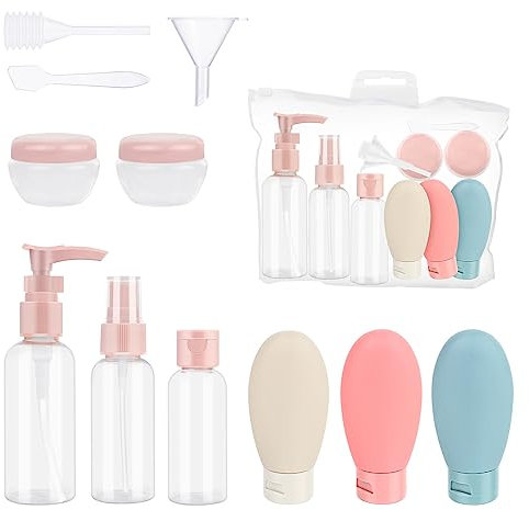 11 Pièces Flacons de Voyage,Portable Bouteilles de Voyage en Silicon,Recharges à Preuve de Fuite Rechargeables,Conteneurs de Voyage pour Crème Solaire,Voyage Cosmetique Vide avec Sac Transparent