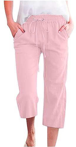 oglccg Womens Capris Trousers 3/4 Pants Cotton Linen Elastic High Waist Cropped Pants Drawstring Summer Autumn Solid Color Pockets Loose Pants Straight Wide Leg Trousers Outdoor Plus Size 8-43 Pink