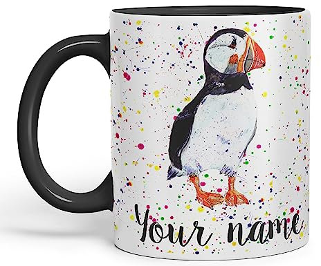 Vixar Personalised with Your Text Puffin Bird Animals Watercolour Art Coloured Ceramic Mug Cup Gift 330ml 11oz Custom Work Office Tea Coffee (O2) (Black)