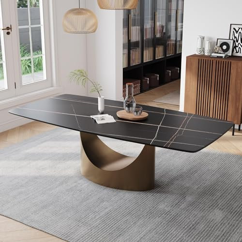 POVISON Esstisch schwarz modern 160cm mit rechteckiger Platte aus Sinterstein, Beine aus Bronze Karbonstahl, Minimalistischer Esstisch,für 4 Personen,einfache Installation(ohne Stühle)
